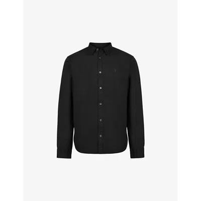 Allsaints Mens Black Hawthorne Logo-embroidered Slim-fit Stretch Organic-cotton Shirt