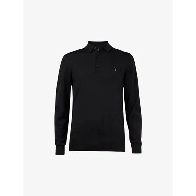 Allsaints Mens Black Ramskull-embroidered Slim-fit Wool Polo Shirt