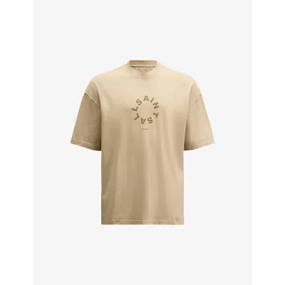 Allsaints Mens Boston Taupe Tierra Logo-print Relaxed-fit Organic-cotton T-shirt