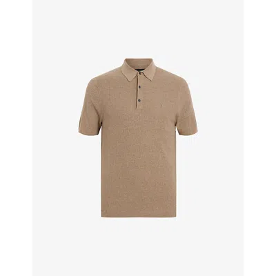 Allsaints Mens Fawn Brown Aubrey Logo-embroidered Knitted Organic-cotton Polo