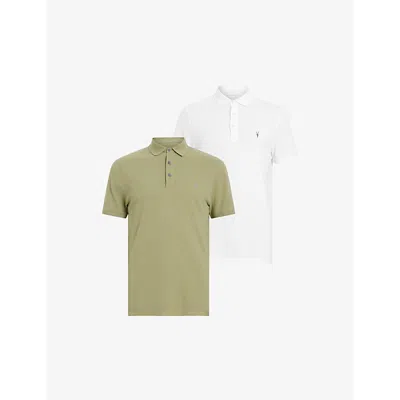 Allsaints Reform Short Sleeve Polo Shirts 2 Pack In Green/opt White
