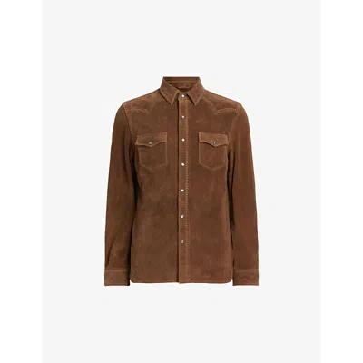 Allsaints Mens Hickory Brown Montana Regular-fit Whipstitch Suede Shirt