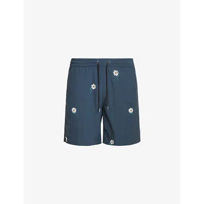 Allsaints Mens Jet Black Daisical Floral-print Elasticated-waist Woven Swim Shorts In Jet Black