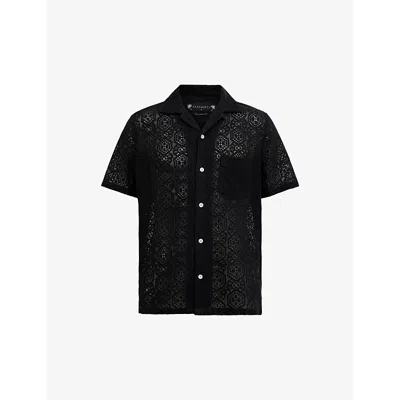 Allsaints Mens Jet Black Harden Lace-embroidered Short-sleeve Organic-cotton Shirt
