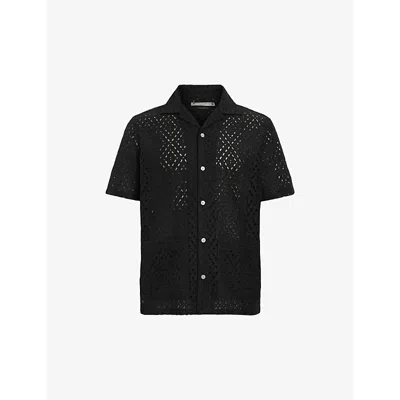 Allsaints Mens Jet Black Quinta Embroidered Relaxed-fit Organic-cotton Shirt