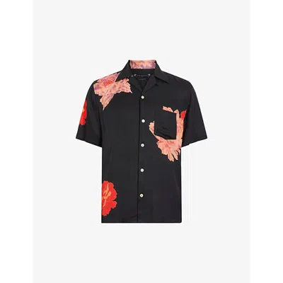 Allsaints Mens Jet Black Roze Floral-print Woven Shirt