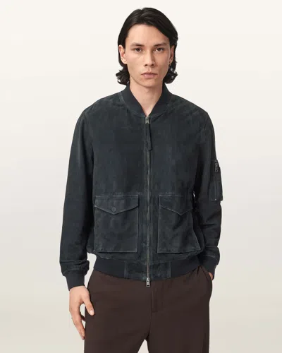 Allsaints Rokko Relaxed Suede Bomber Jacket In Blue