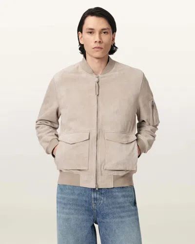 Allsaints Suede-finish Zip-up Bomber Jacket In Neutral