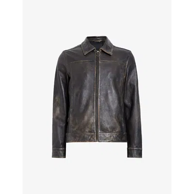 ALLSAINTS MENS VINTAGE BLACK ALKAN REGULAR-FIT ZIP-UP LEATHER JACKET