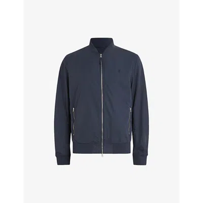 ALLSAINTS MENS BASSETT RAMSKULL-EMBROIDERED COTTON-BLEND BOMBER JACKET COMMAND BLUE