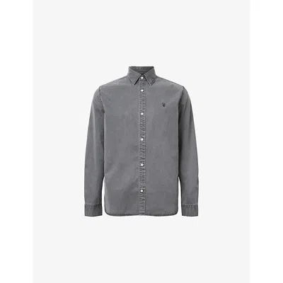 Allsaints Mens  Bodhi Ramskull-embroidered Denim Shirt In Pillar Grey