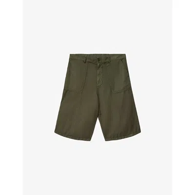 Allsaints Mens Mangrove Green Echo Patch-pocket Cotton And Linen Shorts