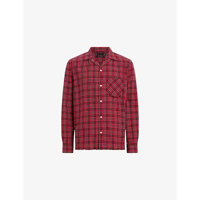 ALLSAINTS MENS CLARET RED FELIX RESORT-COLLAR CHECKED COTTON SHIRT XXL