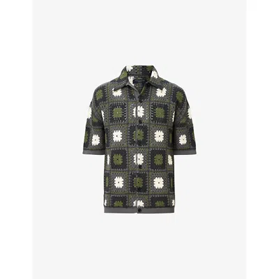 Allsaints Mens Green Multi Mandon Flower-embroidered Short-sleeve Organic-cotton Cardigan