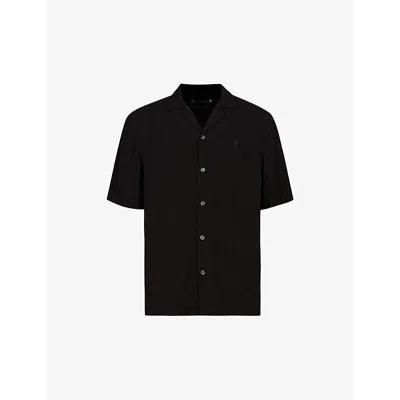 ALLSAINTS MENS BLACK VENICE LOGO-EMBROIDERED WOVEN SHIRT