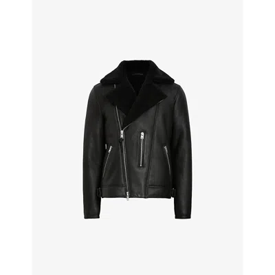 Allsaints Mens  Xena Shearling-lined Relaxed-fit Leather Biker Jacket In Black/black