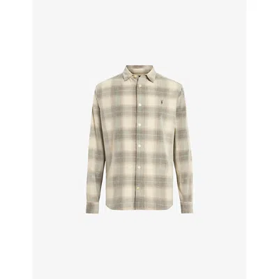 ALLSAINTS MENS SANDSHELL TAUP YUKI LOGO-EMBROIDERED CHECKED COTTON SHIRT