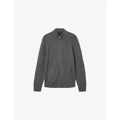 Allsaints Mens Asher Grey Statten Logo-embroidered Zip-up Stretch-knit Cardigan In Gray