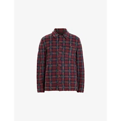 Allsaints Mens Machine Blue Manray Logo-embroidered Relaxed-fit Checked Organic-cotton Cord Shirt Xxl In Dark Brick Red