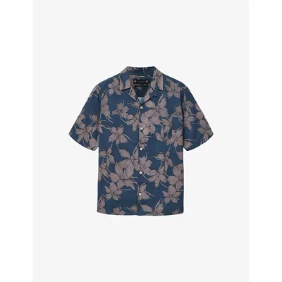 Allsaints Mens Bay Blue Parterre Graphic-print Short-sleeve Cotton Shirt Xs