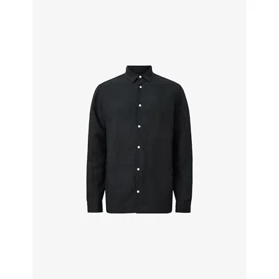 Allsaints Mens Black Bandol Resort-collar Long-sleeve Linen-blend Shirt Xxl