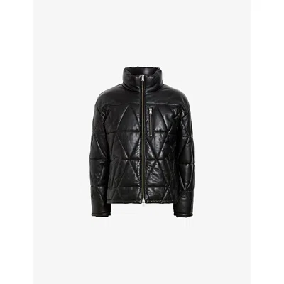 Allsaints Mens Black Brockwell Relaxed-fit Leather Puffer Jacket