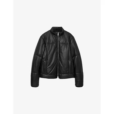 Allsaints Mens Black Furse Funnel-neck Leather Puffer Jacket Xxl