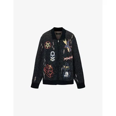 Allsaints Mens Black Meller Jacquard-motif Knitted Cardigan