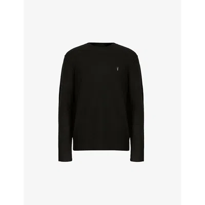 Allsaints Mens Black Statten Crew-neck Logo-embroidered Stretch-knit Jumper