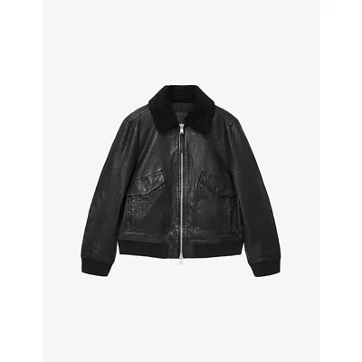 Allsaints Mens Black Vaucluse Shearling-collar Leather Jacket