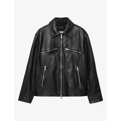 Allsaints Mens Black Vegason Four-pocket Leather Jacket In Gray