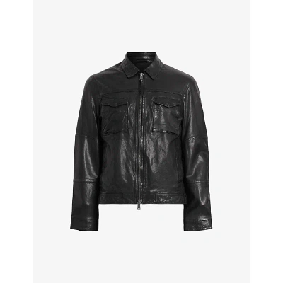 Allsaints Mens Black Whilby Patch-pockets Leather Jacket