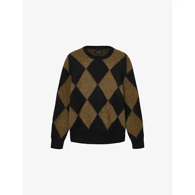 ALLSAINTS MENS BLACK/BROWN BOWER DIAMOND-PATTERN KNITTED JUMPER