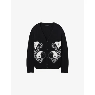 ALLSAINTS MENS BLACK/CHALK WH REFLECTION V-NECK WOOL-BLEND CARDIGAN