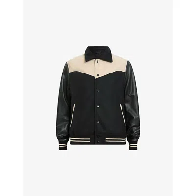 Allsaints Mens Black/ecru Whi Endleton Contrast-panel Leather And Woven Bomber Jacket
