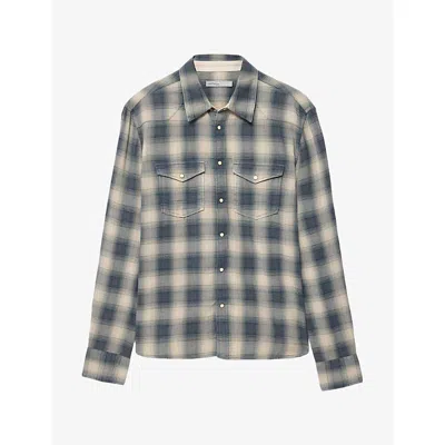 Allsaints Mens Brook Checked Long-sleeve Cotton Shirt Blue Check Xxl In Green