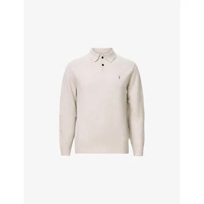 Allsaints Mens Statten Logo-embroidered Regular-fit Cotton Polo Shirt Cloudy White Xs