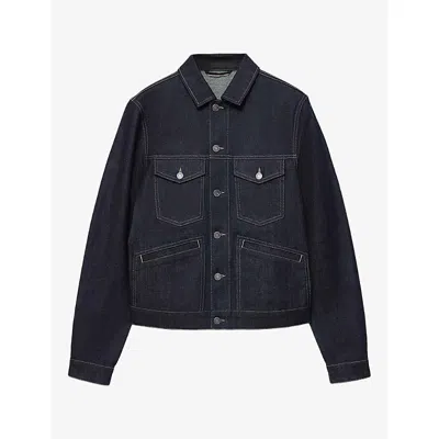 Allsaints Mens Contrast-stitch Regular-fit Denim-blend Jacket Indigo Selvedg Xs