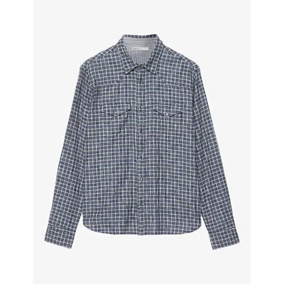 Allsaints Mens Court Checked Long-sleeve Cotton Shirt Indigo Blue