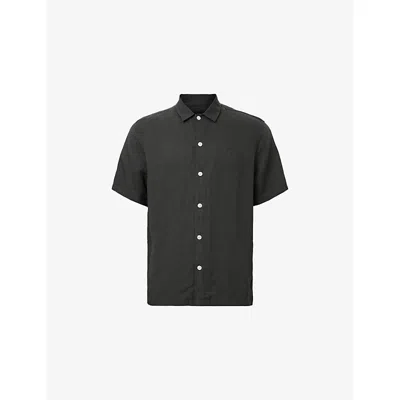 Allsaints Mens Bandol Relaxed-fit Short-sleeve Linen-blend Shirt Dark Charcoal Xl In Black