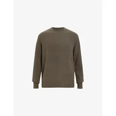 Allsaints Mens Dusky Green Statten Crew-neck Logo-embroidered Stretch-knit Jumper In Gray