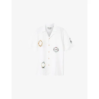 Allsaints Mens Ecru Deck Graphic-embroidered Linen Shirt Xl In White