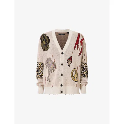 Allsaints Mens Jay Graphic-jacquard Cotton-blend Knitted Cardigan Ecru White Xl