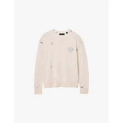 ALLSAINTS MENS ECRU WHITE THEO BRAND-APPLIQUÉ COTTON-KNIT JUMPER XS