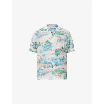 Allsaints Mens Frosted White Biarritz Tropical-print Woven Shirt In Neutral