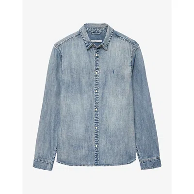 Allsaints Mens Gleason Logo-embroidered Denim Shirt Light Indigo In Blue