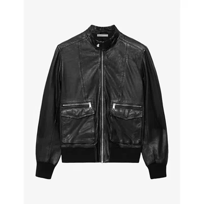 Allsaints Mens Hiro Zip-up Leather Bomber Jacket Black Xl