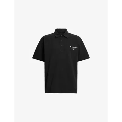 Allsaints Mens Jet Black Brand-print Cotton Polo Shirt