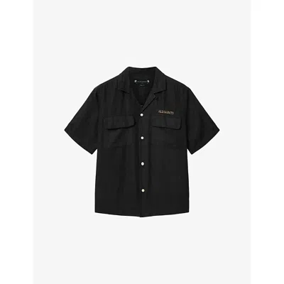 Allsaints Dunloe Embroidered Linen Button-up Camp Shirt In Black