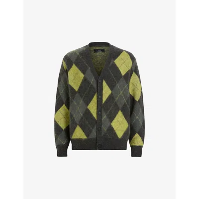 Allsaints Mens Cinder Black M Joker Arygle-pattern Wool-blend Cardigan